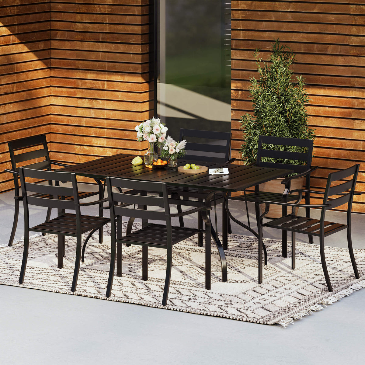 EROMMY 7-Piece Outdoor Patio Dining Set for 6, Rectangular Metal Table with Umbrella Hole & Stackable Chairs