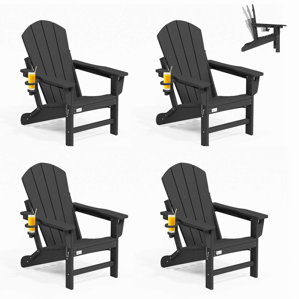 EROMMY 3-Position Adjustable Adirondack Chairs Set of 4, 400LBS HDPE Folding Outdoor Chairs with Cup Holder, Black