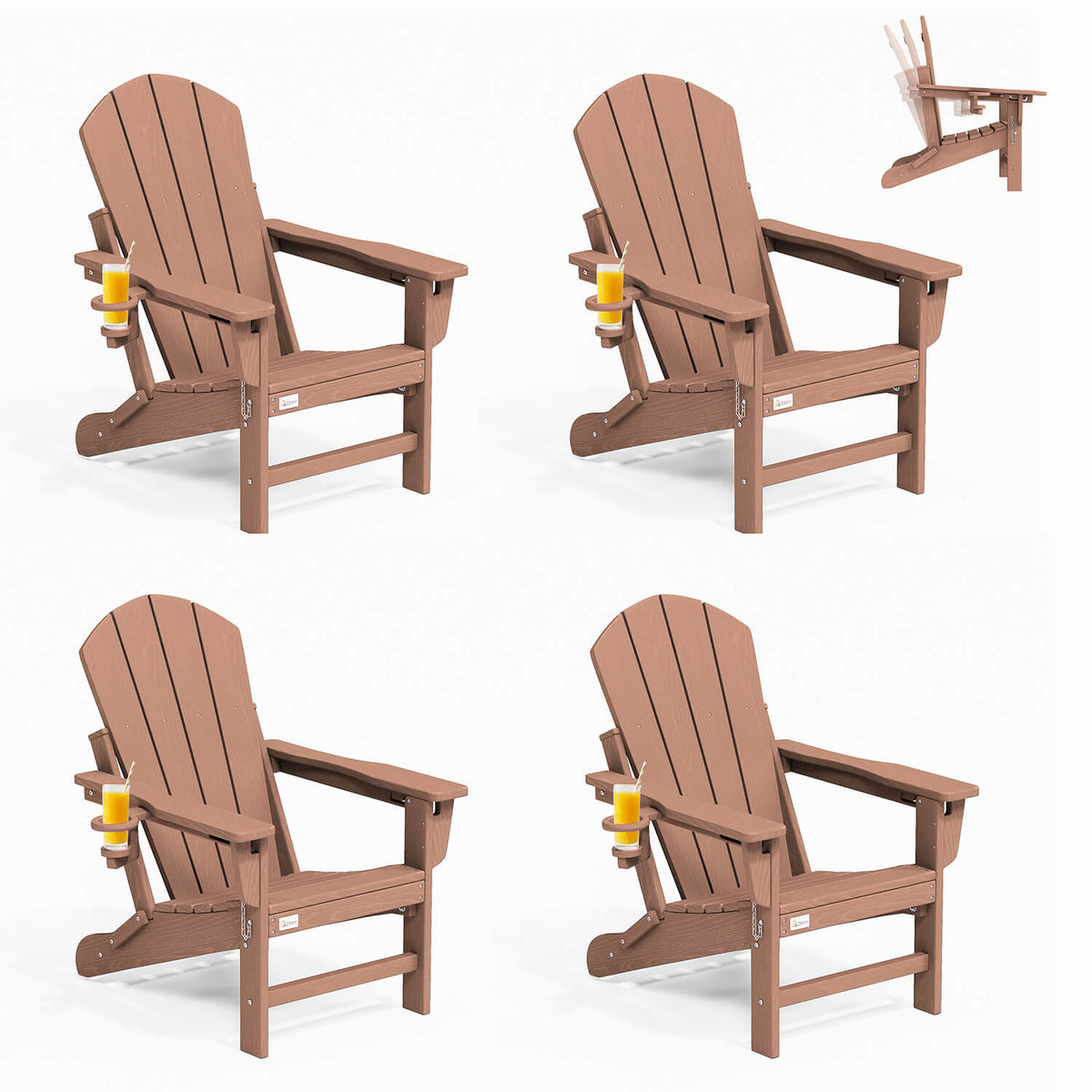 EROMMY 3-Position Adjustable Adirondack Chairs Set of 4, 400LBS HDPE Folding Outdoor Chairs with Cup Holder, Teak