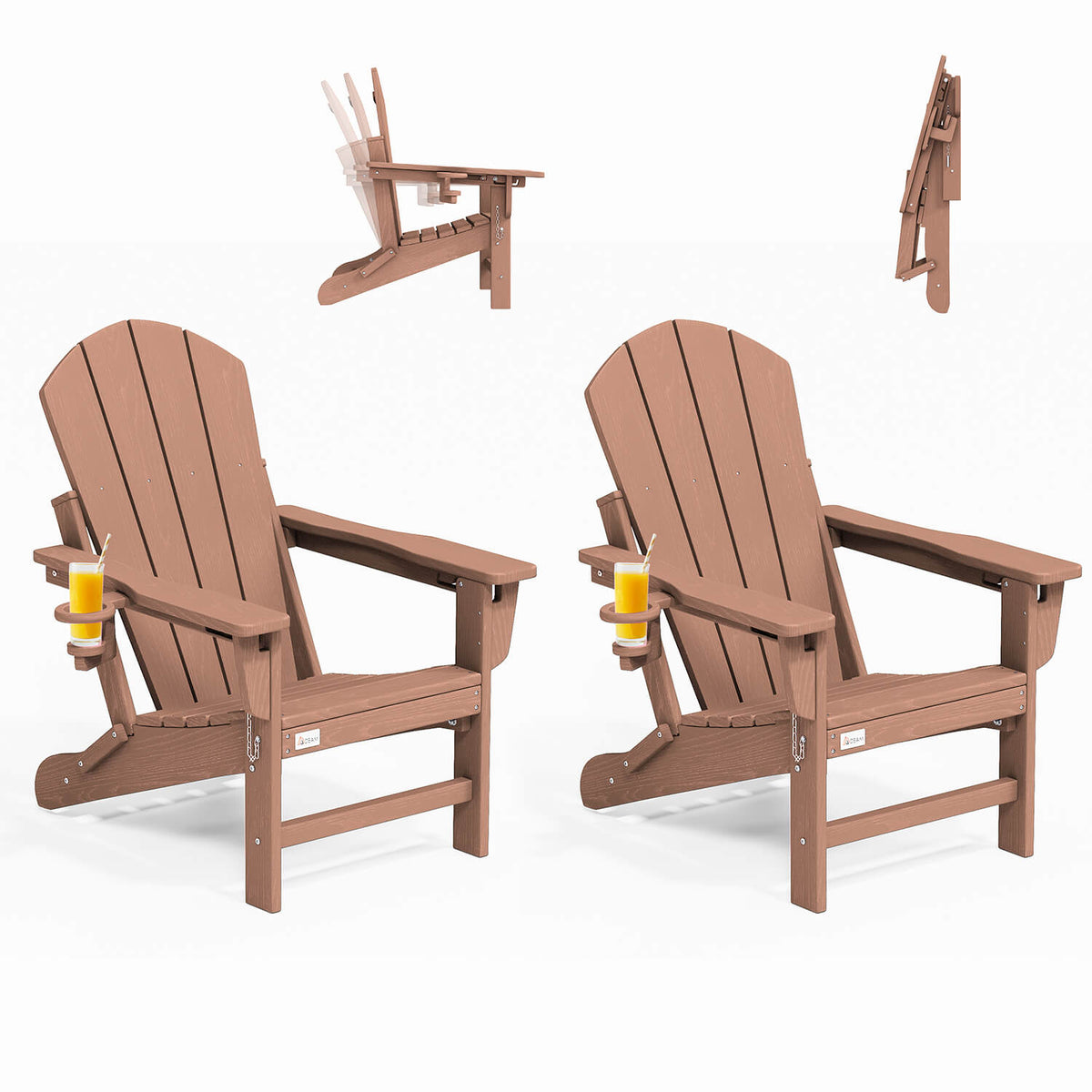EROMMY 3-Position Adjustable Adirondack Chairs Set of 2, 400LBS HDPE Folding Outdoor Chairs with Cup Holder, Teak