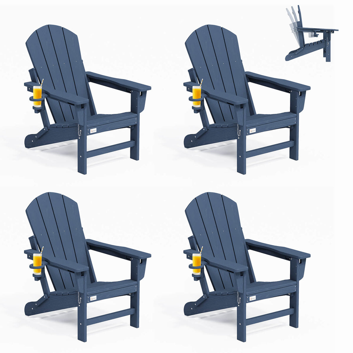EROMMY 3-Position Adjustable Adirondack Chairs Set of 4, 400LBS HDPE Folding Outdoor Chairs with Cup Holder, Navy Blue