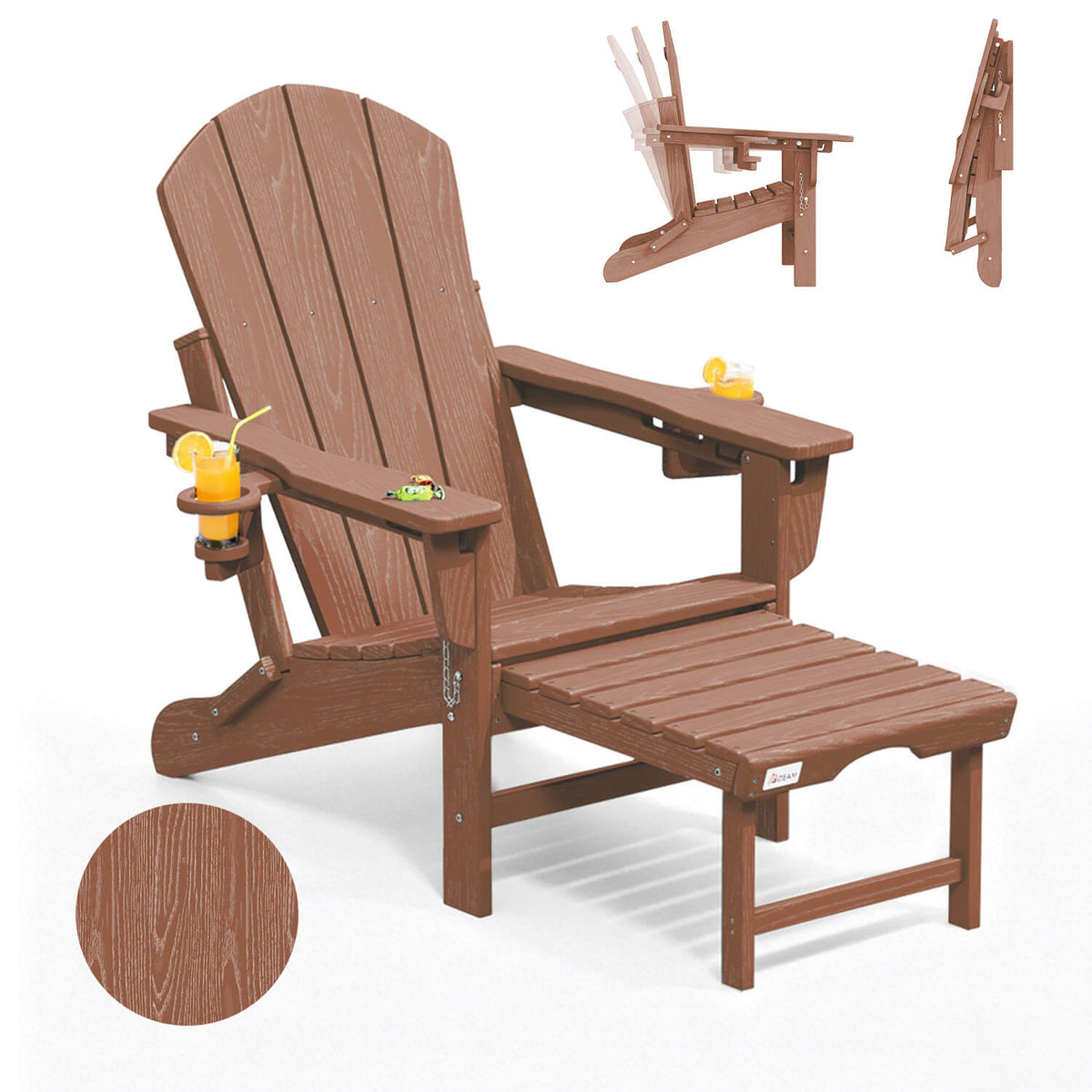 EROMMY 3-Level Adjustable Adirondack Chair with Retractable Ottoman, Folding HDPE Outdoor Chair with Cup Holders, Teak