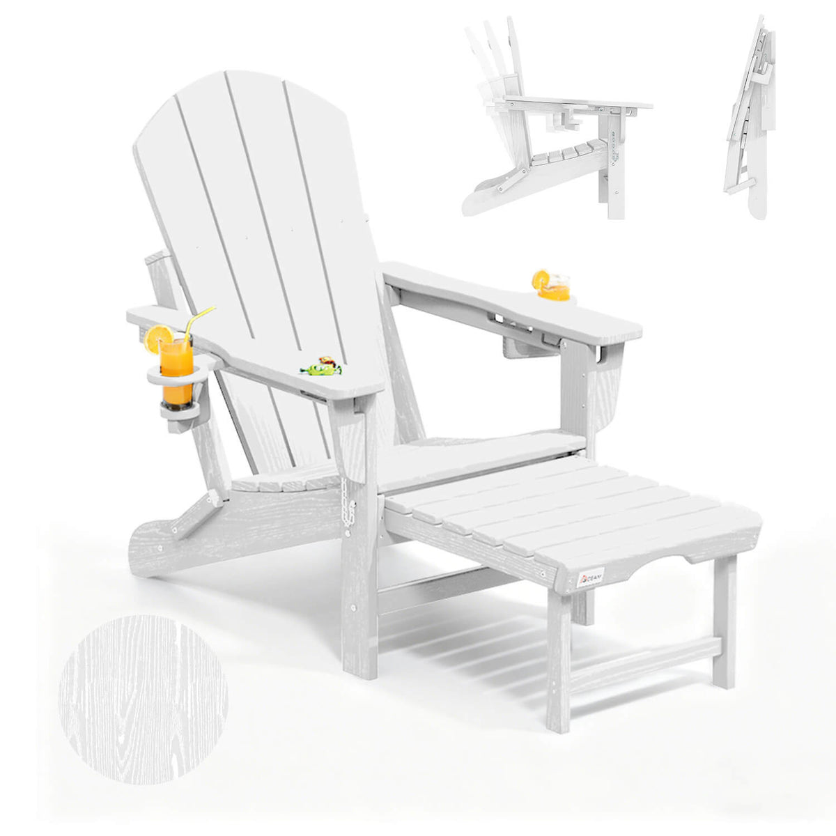 EROMMY 3-Level Adjustable Adirondack Chair with Retractable Ottoman, Folding HDPE Outdoor Chair with Cup Holders, White