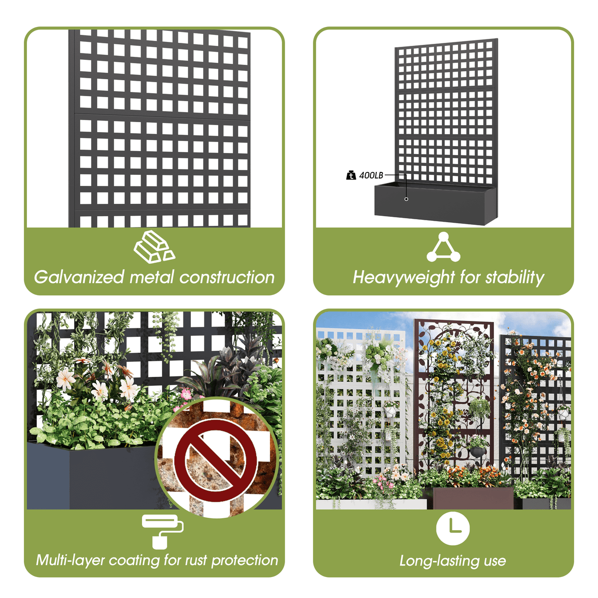 EROMMY Metal Planter Box with Trellis, 71"x 47"x 16" Raised Garden Bed, Planter Box Trellis with Privacy Screen and Drainage Holes, Black