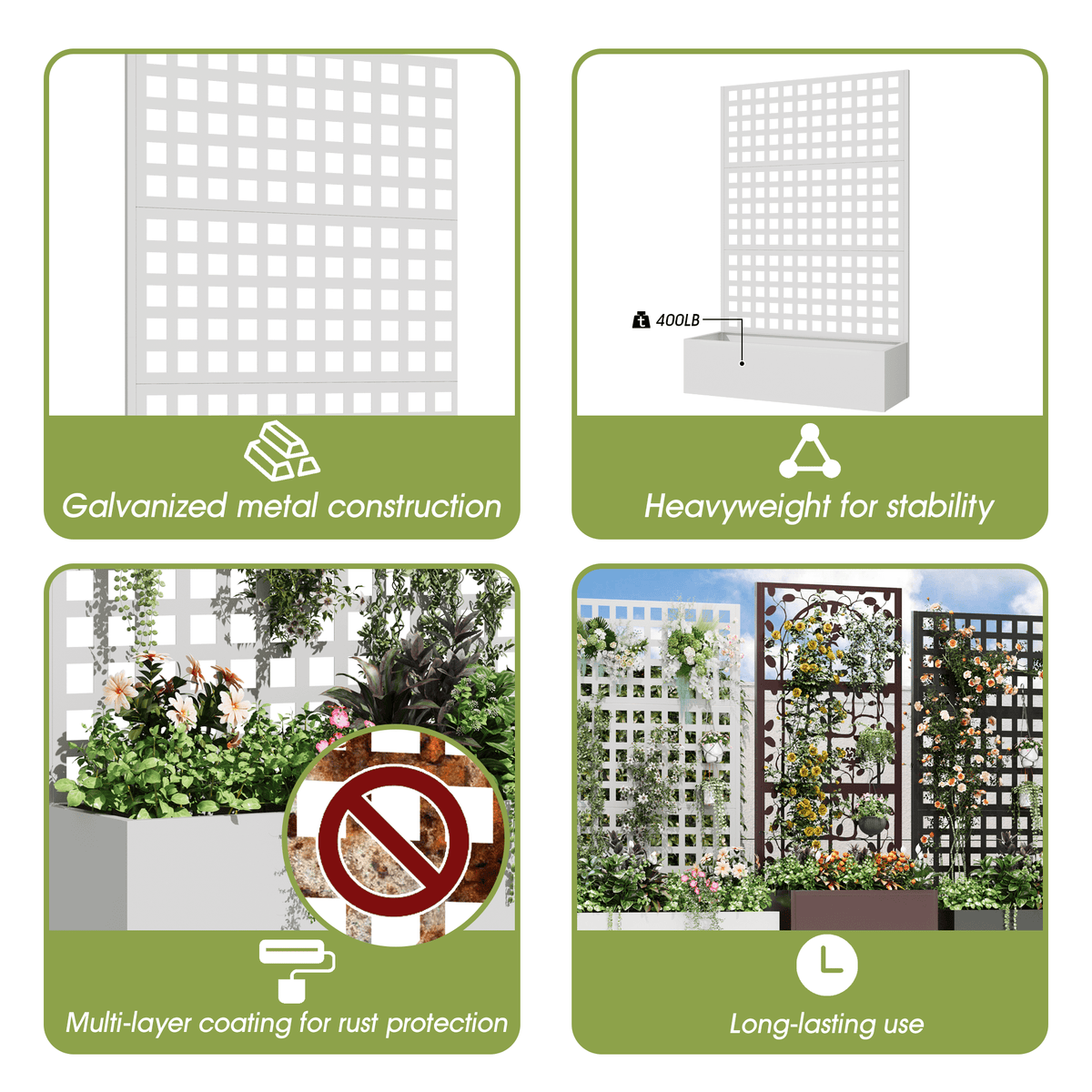 EROMMY Metal Planter Box with Trellis, 71"x 47"x 16" Raised Garden Bed with Trellis, Planter Box Trellis with Privacy Screen and Drainage Holes, White