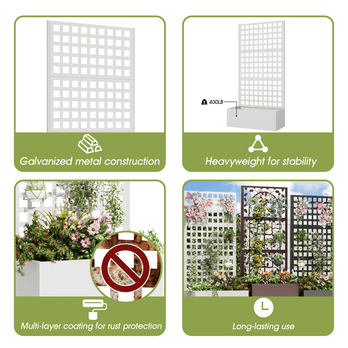 EROMMY Metal Planter Box with Trellis, 71"x 35"x 16" Raised Garden Bed with Trellis, Planter Box Trellis with Privacy Screen and Drainage Holes, White