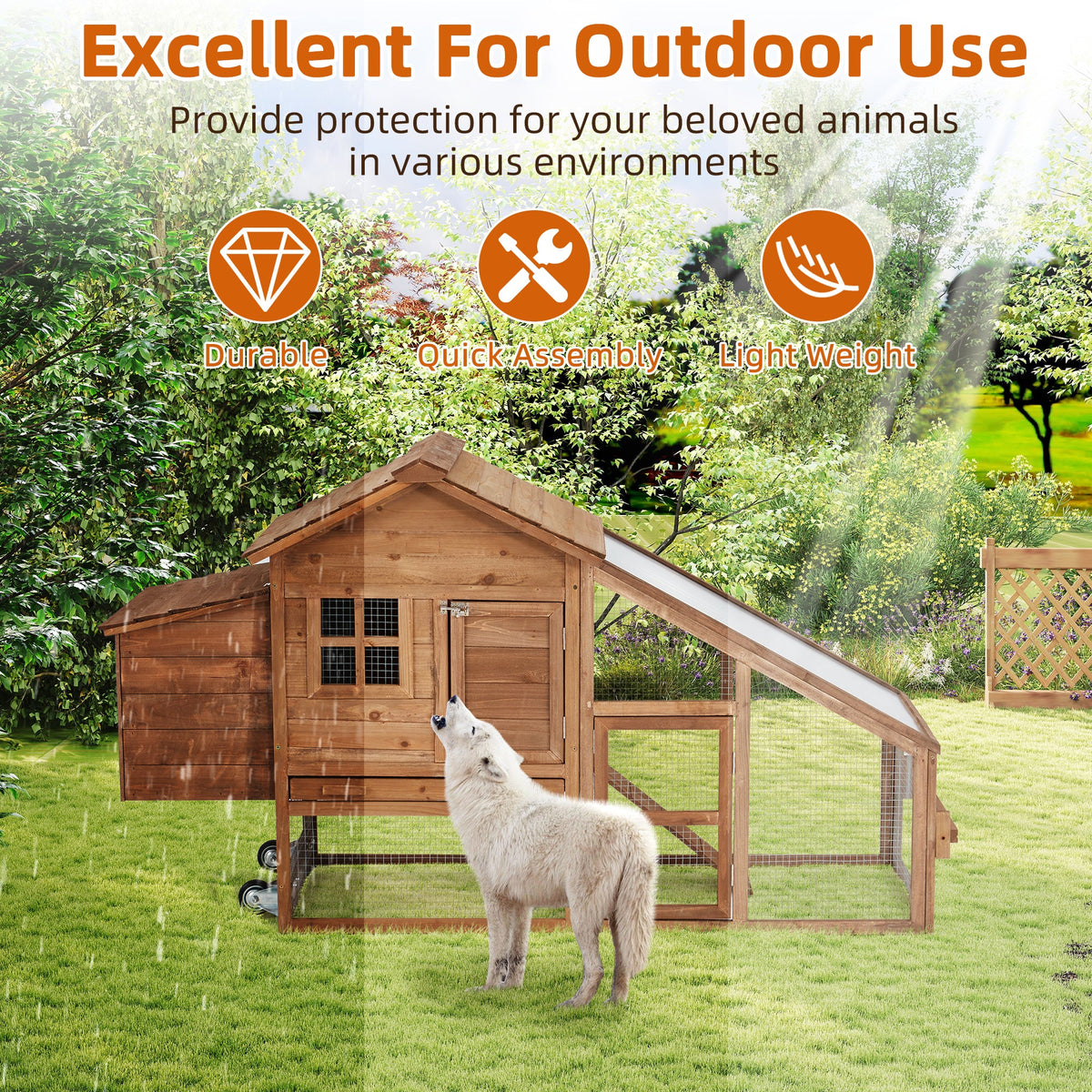 EROMMY Chicken Coop Large Wooden Chicken Tractor 71" with Nesting Box, Wheels, Waterproof Roof, Pull Out Tray, for 4-6 Poultry
