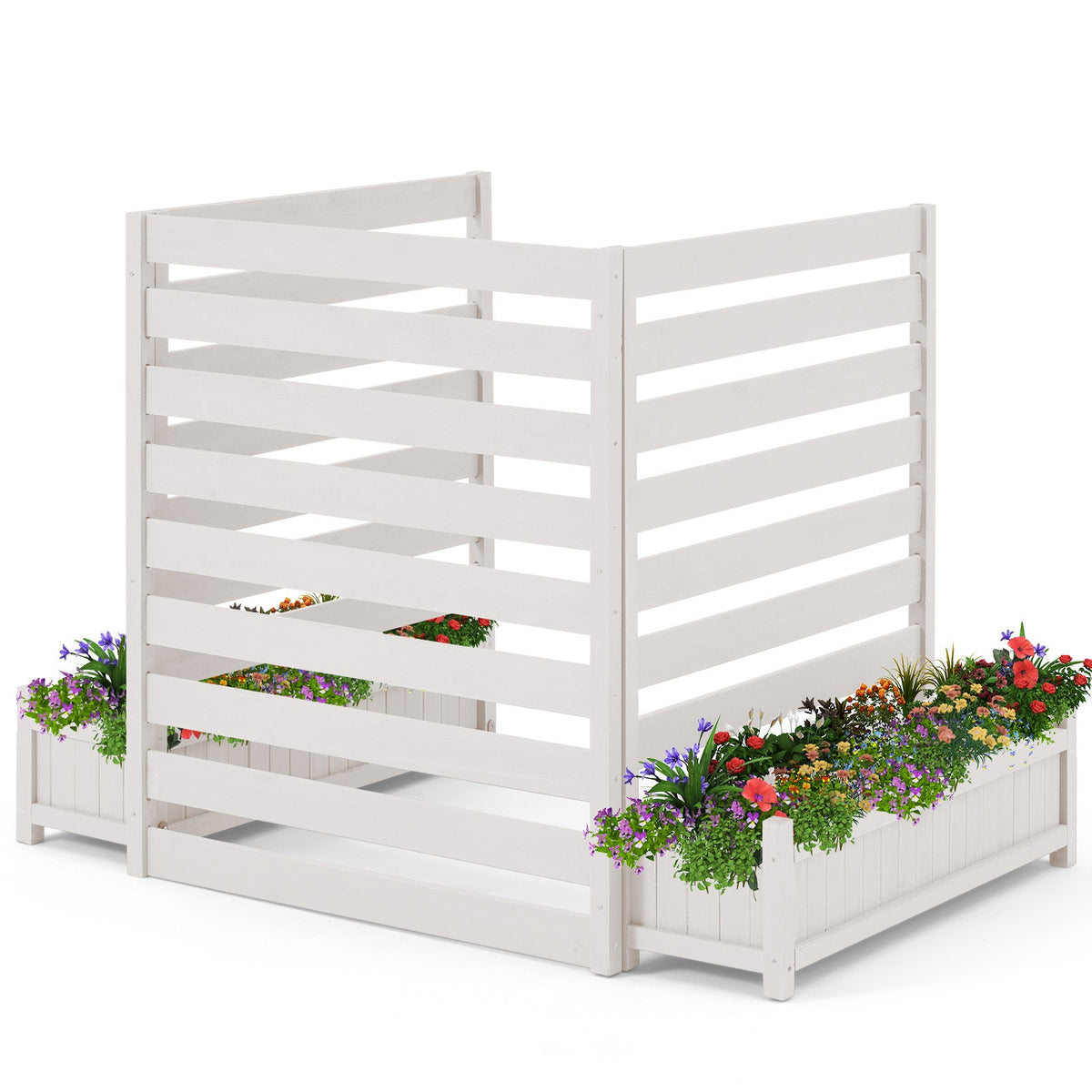 EROMMY 3 Panels No-Dig AC Unit Privacy Fence with Planter Box, 33" W x 39" H, Durable Outdoor Wood Screen to Hide AC & Trash with Floral Bed White