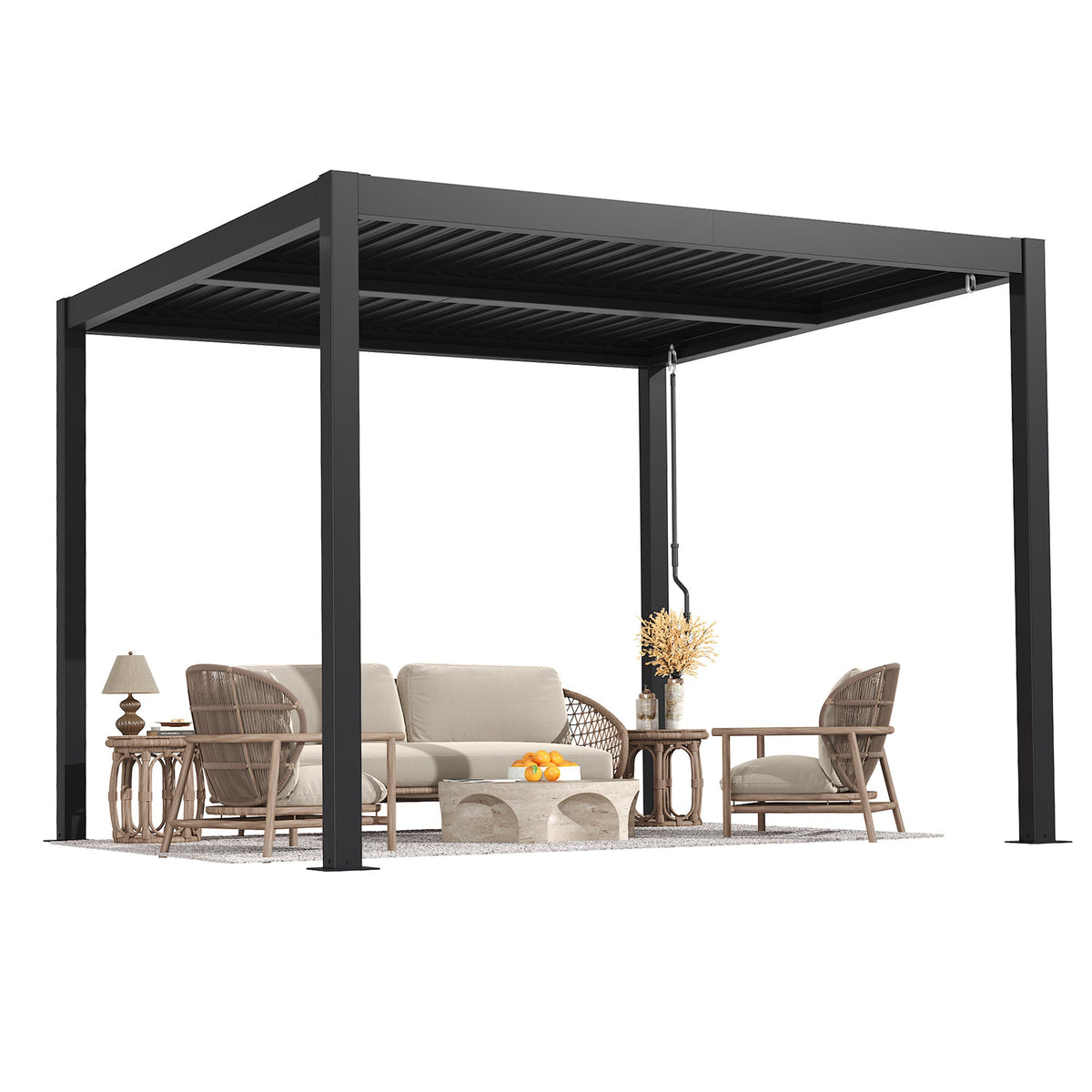 EROMMY 10' x 10' Outdoor Pergola with Adjustable Louvered Roof & Integrated Drainage, Black