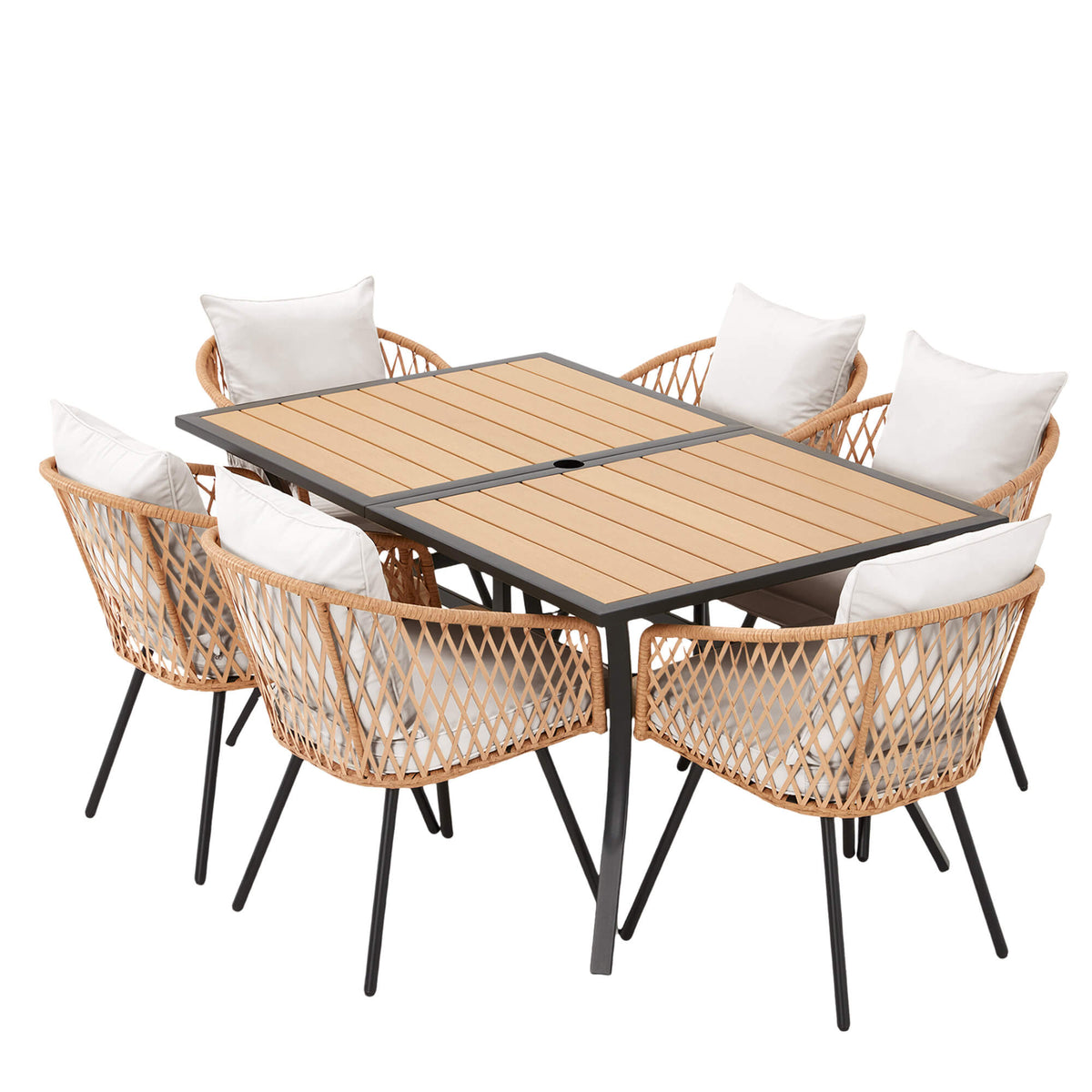 EROMMY 7-Piece Outdoor Dining Set – Rectangular Table with Umbrella Hole & 6 Rattan Chairs, Gray
