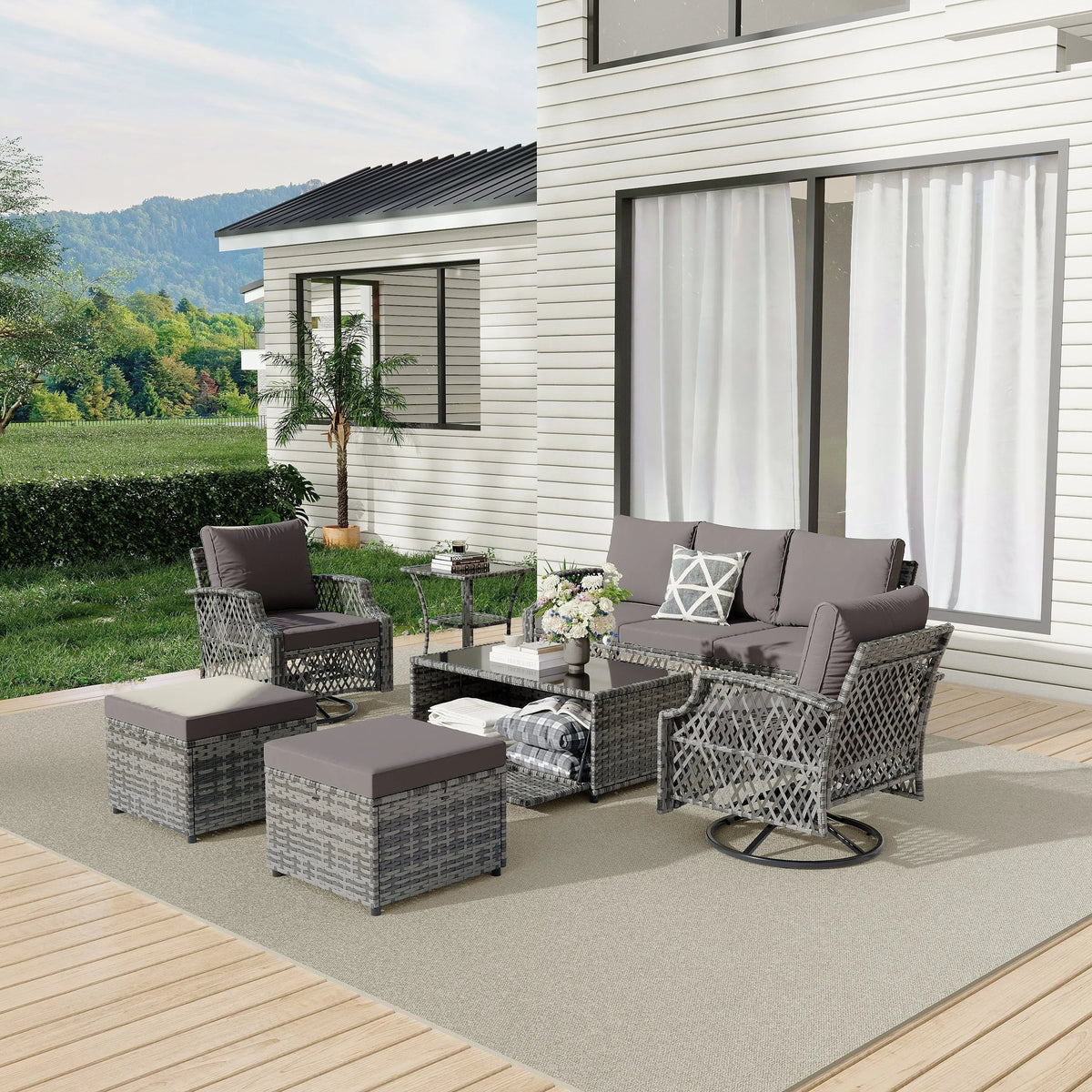 EROMMY Outdoor Wicker Sofa, 3-Seat Patio Couch with Cushions, All-Weather PE Rattan Furniture, Gray