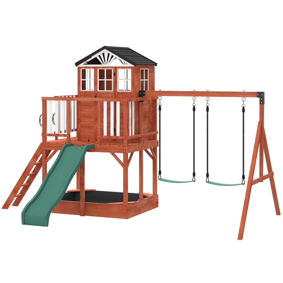 EROMMY Kids Outdoor Wooden Swing Set with Elevated Playhouse, Wave Slide, Belt Swings and Sandbox