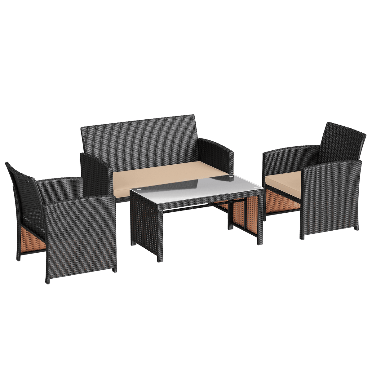 EROMMY 4-Piece Patio Furniture Set, Outdoor Wicker Patio Conversation Set with Cushions, Sofa & Glass Coffee Table, Khaki