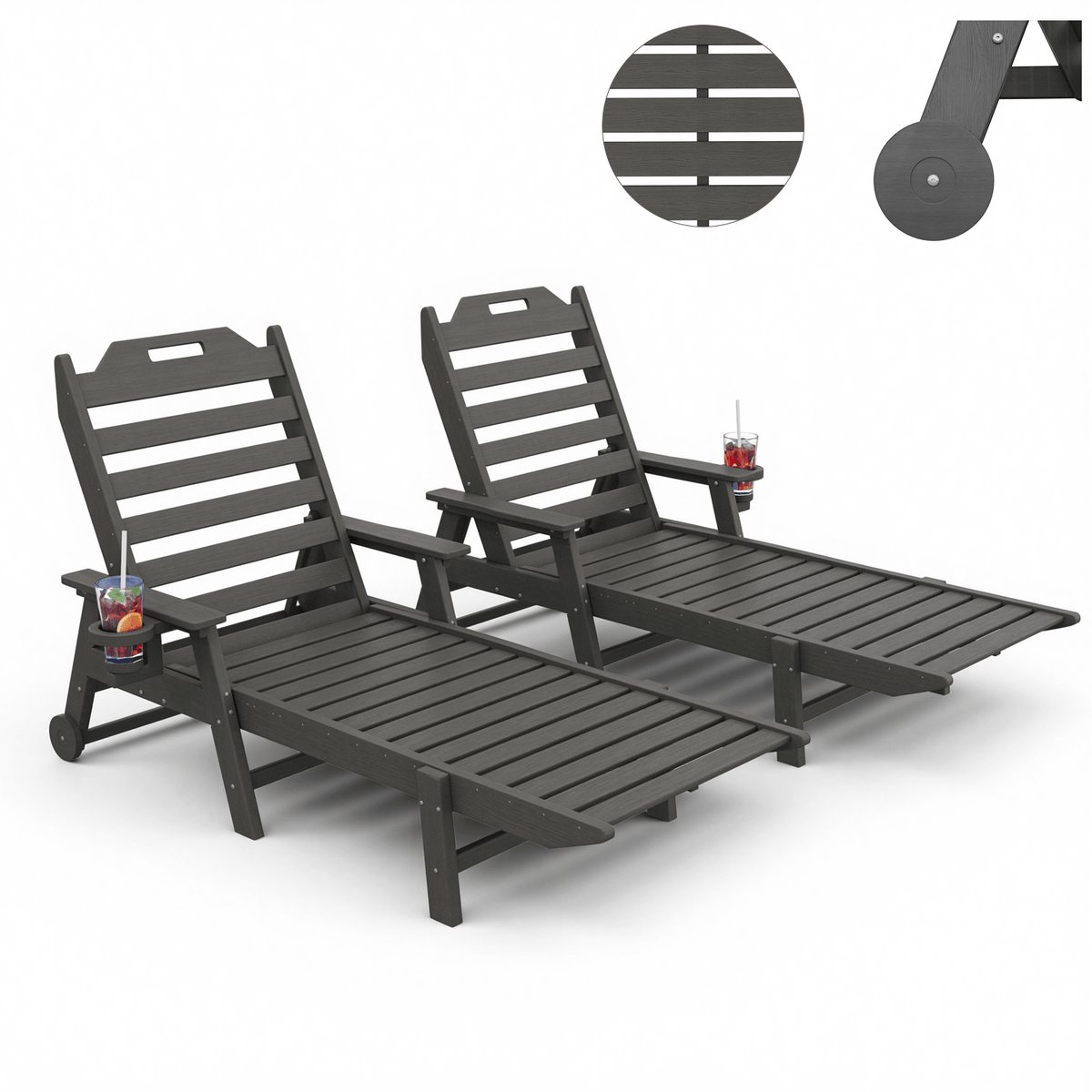 EROMMY 24" W Oversized Chaise Lounge Chairs Set of 2, Adjustable HDPE Outdoor Chairs with Wheels & Cup Holder, Dark Grey