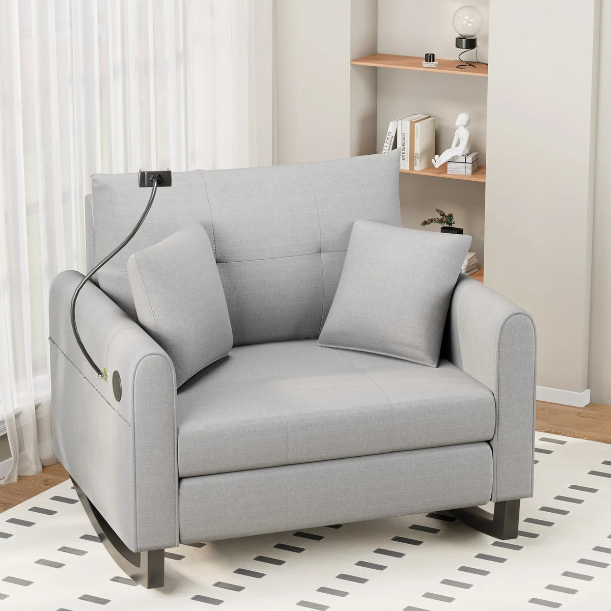 EROMMY Upholstered Oversize Rocking Chair with Adjustable Phone Handle, Nursery Rocking Chair with High Back and Side Pocket USB Port, Gray