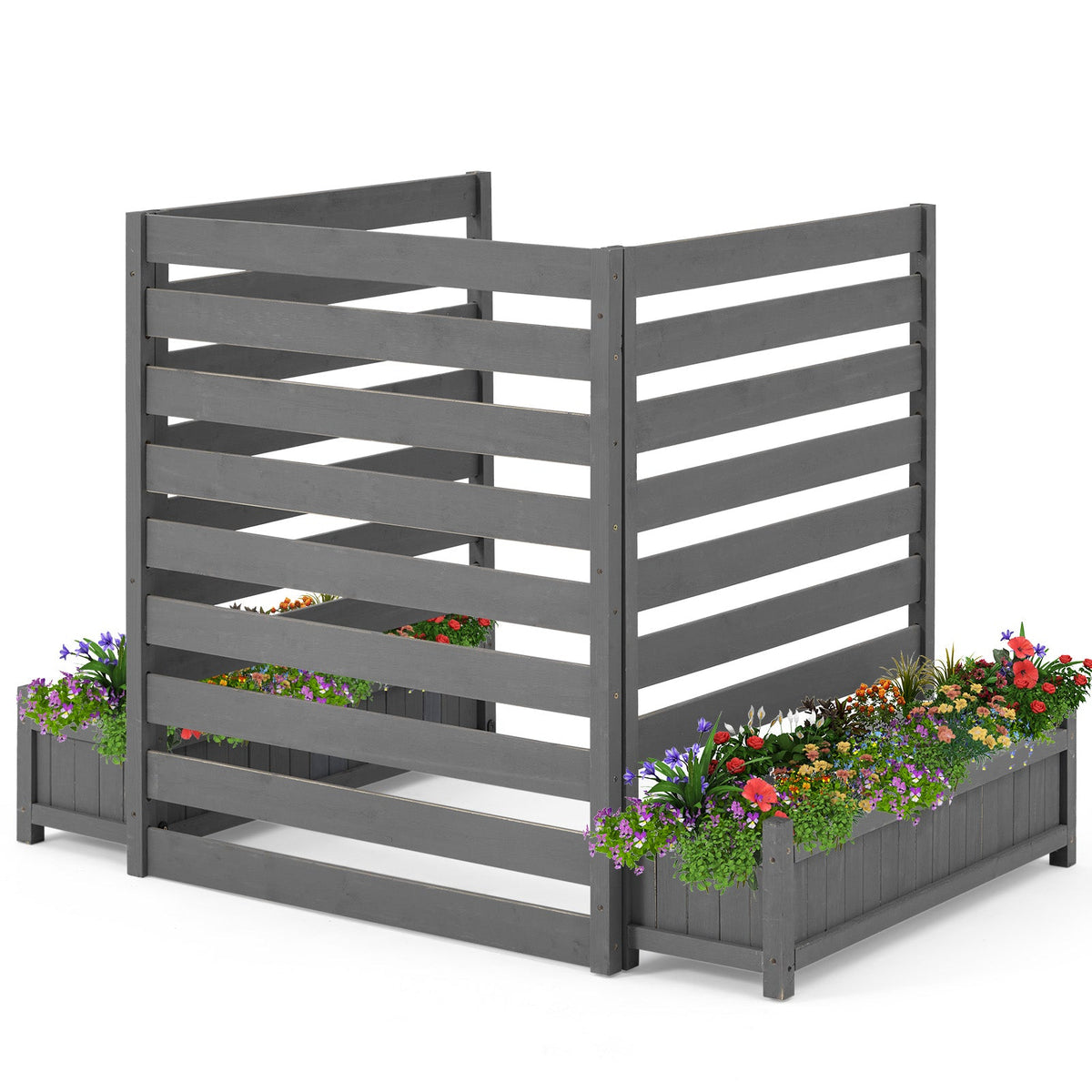 EROMMY No-Dig Privacy Fence with Planter Box - 3 Panels, 33" W x 39" H Durable Outdoor Patio Wood Screen for AC Unit, Trash Hide & Floral Garden Bed, Grey
