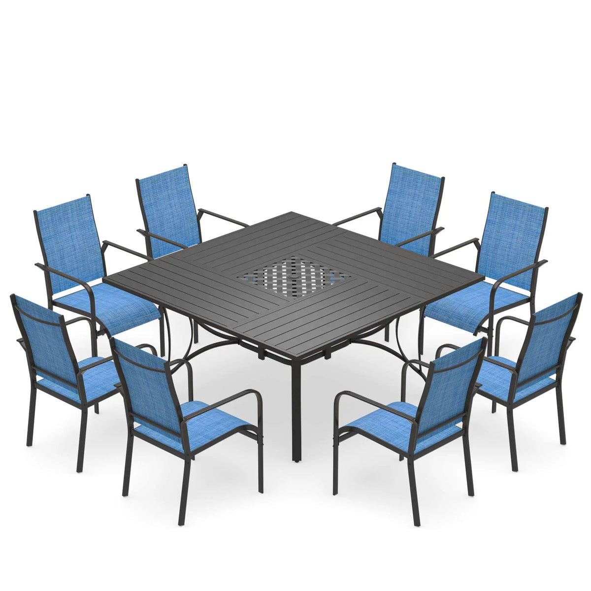 EROMMY 9 Piece Patio Dining Set, Outdoor Dining Table And Chairs Set For 8, 8 PVC-coated polyester Chairs, 1 Iron Square Table With Adjustable Umbrella Hole (1.57"-1.97"), Blue