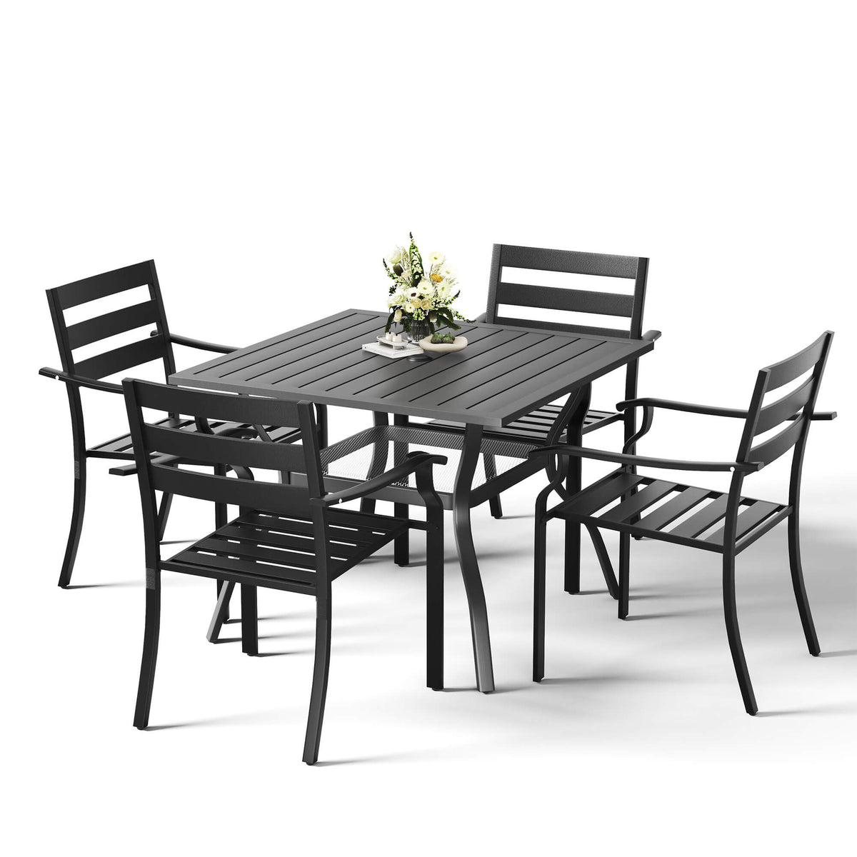EROMMY 5-Piece Outdoor Patio Dining Set for 4, Square Metal Table with Umbrella Hole & Stackable Chairs
