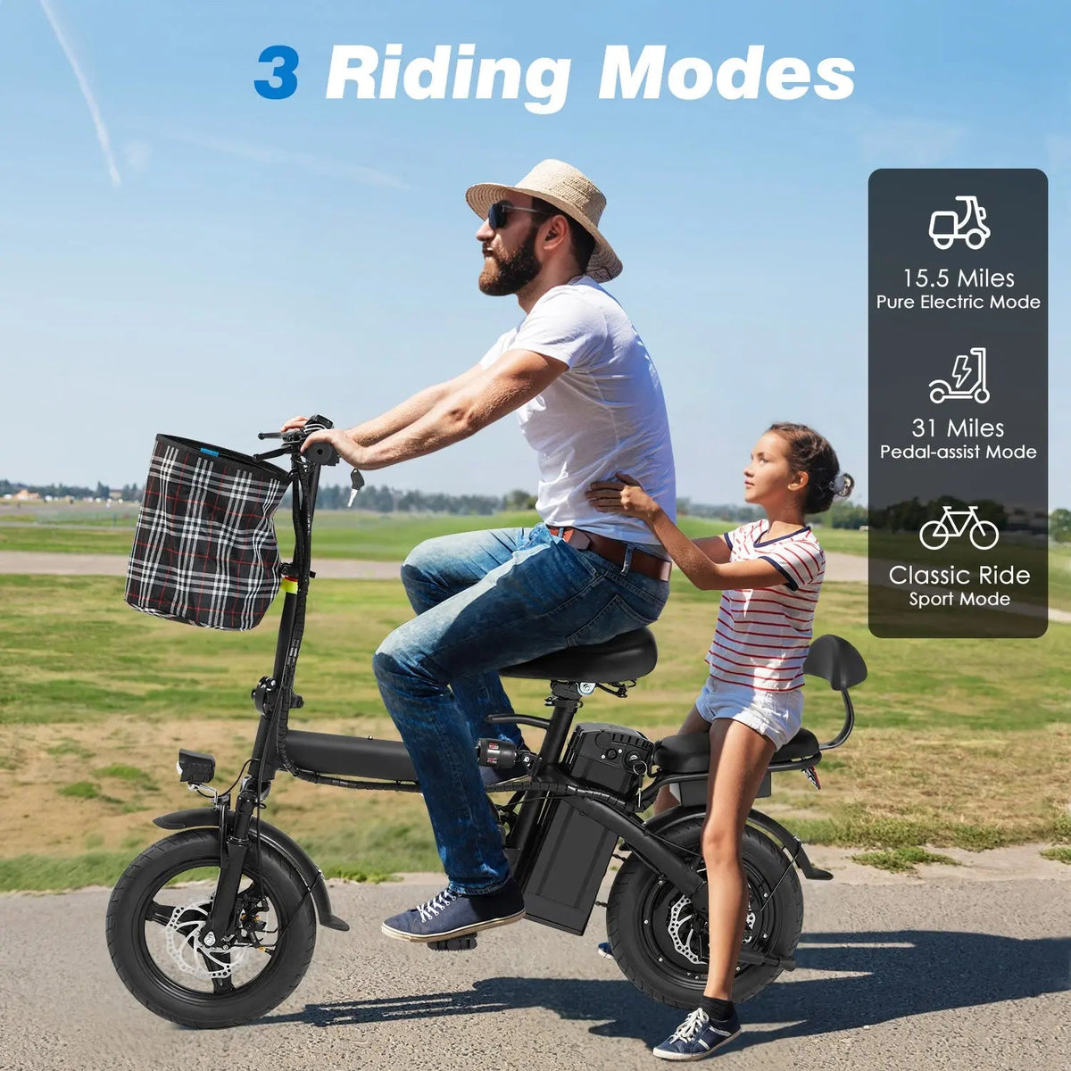 EROMMY Foldable Electric Bike, 2 Seat 14" Adults Ebike|500W |20MPH |30+Miles | Removable 48V 7.8Ah Battery,3 Riding Modes,Dual Disc Brakes, Black