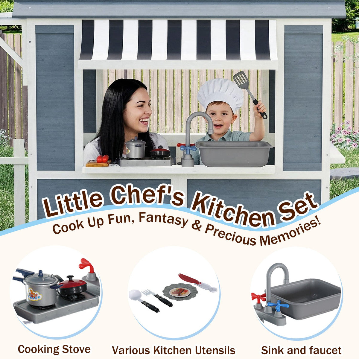 EROMMY Outdoor Playhouse for Kids, Wooden Kid Play House with Kitchen Toys ,Blue Grey