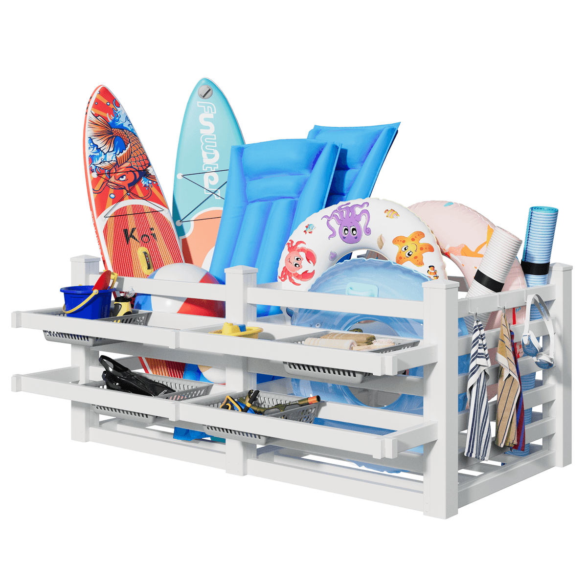 EROMMY 64" W x 92" L x 38" H Extra Large Pool Storage Organizer with Hooks, Waterproof Float Storage Bin, White