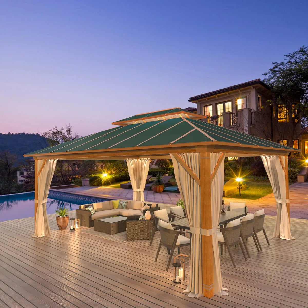 EROMMY 12X16 Gazebo with Wooden Grain Coated Aluminum Frame