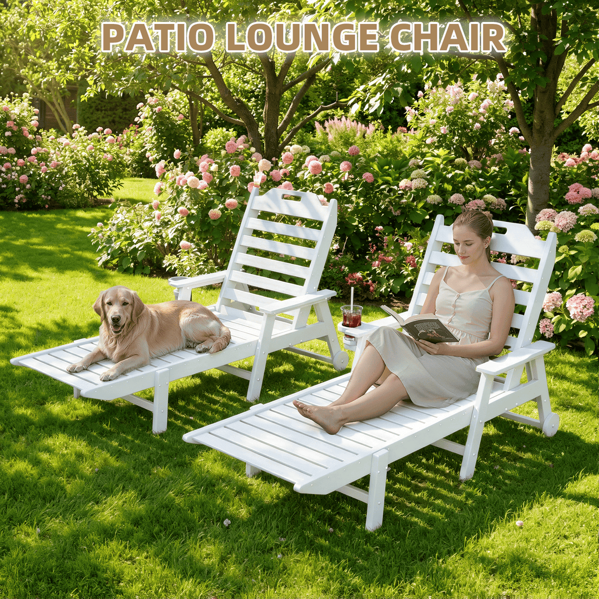 EROMMY 22" W Oversized Chaise Lounge Chairs, Adjustable HDPE Outdoor Chairs with Wheels & Cup Holder, White