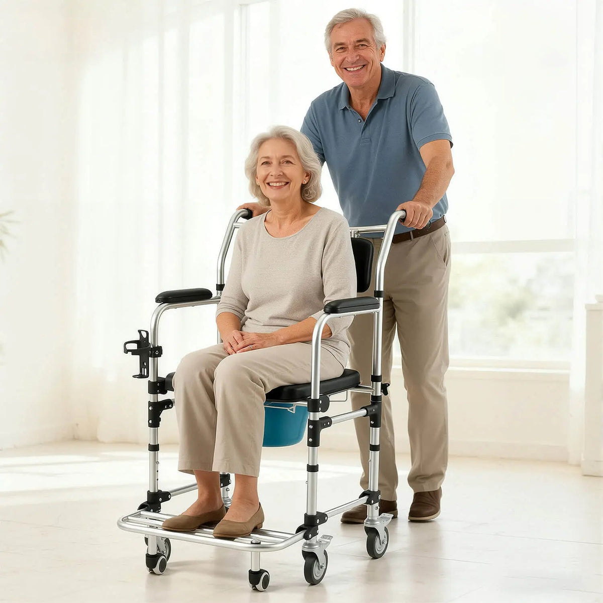 EROMMY 4-in-1 Bedside Commode Shower Wheelchair, Black