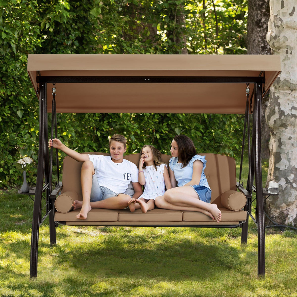 EROMMY 3-Seat Outdoor Porch Swing with Adjustable Canopy and Backrest, Brown