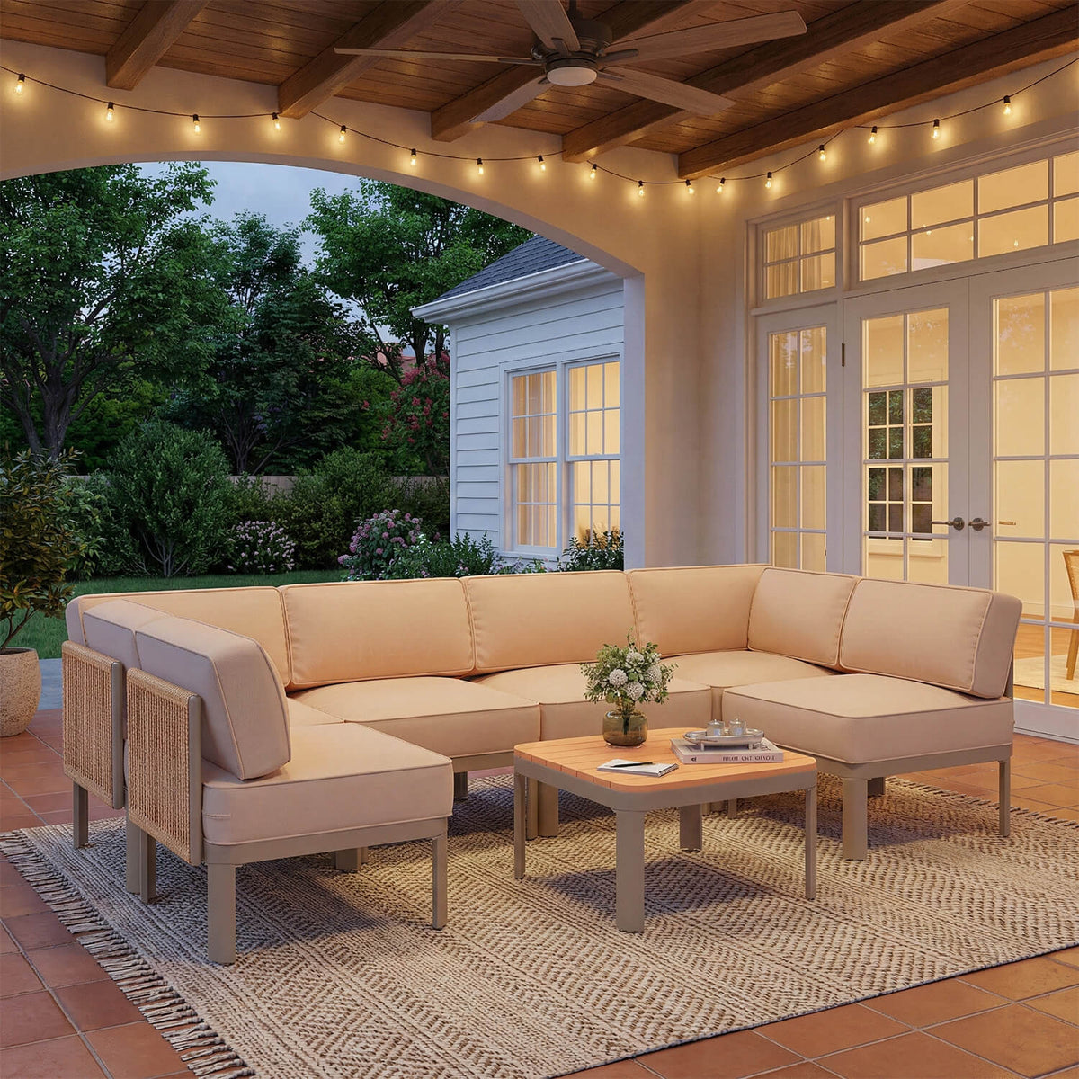 EROMMY 7 Pieces Patio Sectional Furniture Set, Aluminum Frame Outdoor Conversation Set with 6" Thick Cushions & Coffee Table, Beige