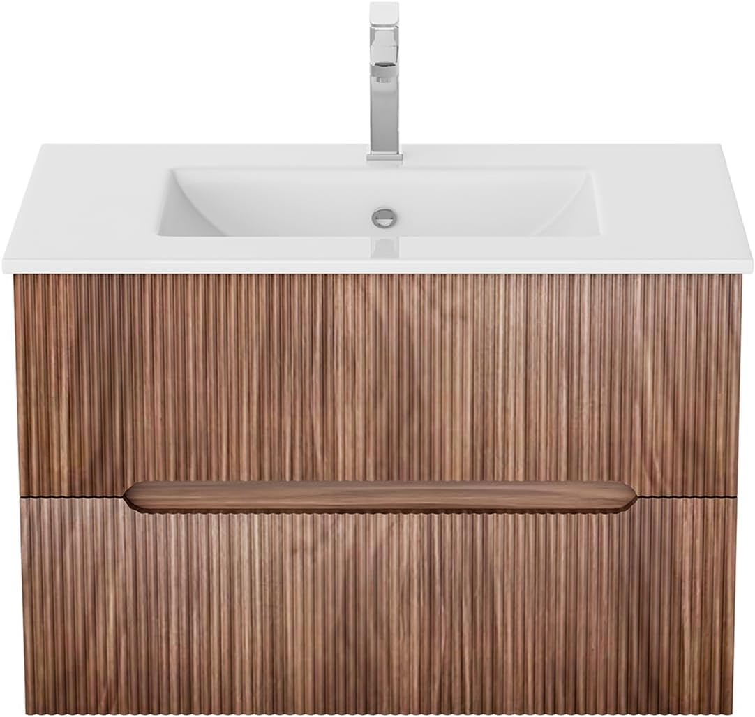 EROMMY 30 Inch Bathroom Vanity with Sink, Floating Bathroom Vanity with Ceramic Basin, Wall Mounted Bathroom Sink Cabinet Set with Soft-Close 2 Drawers, Faucet & Pop Up Drain, Walnut