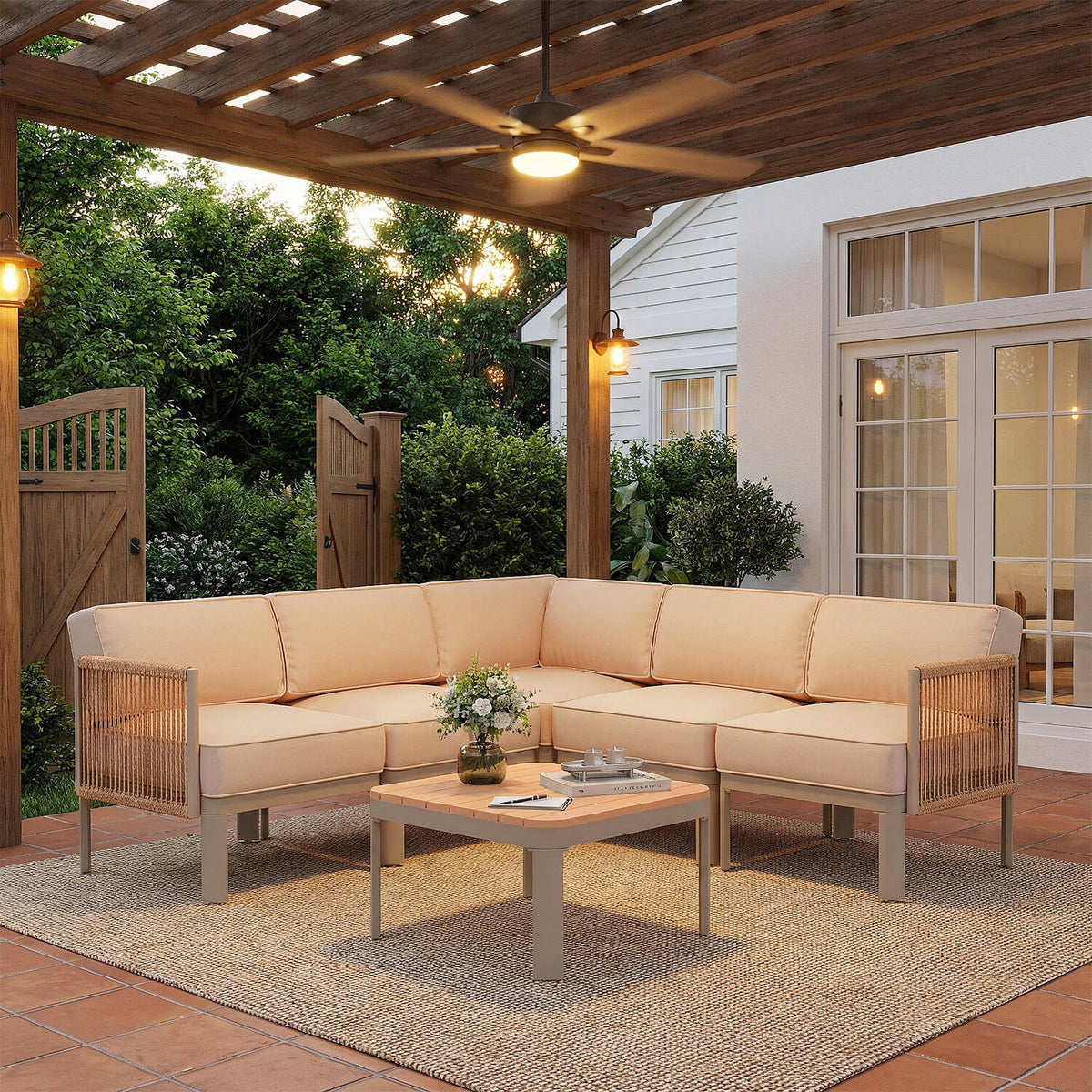 EROMMY 6-Piece Aluminum Patio Sectional Sofa Set, Outdoor Conversation Set with 6" Washable Thick Cushions & Coffee Table, Beige
