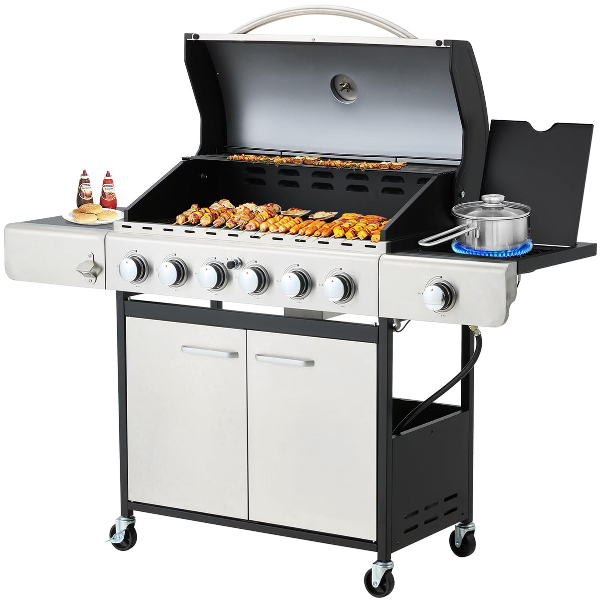EROMMY 6 Burner BBQ Propane Gas Grill, 58,000 BTU Stainless Steel Patio Garden Barbecue Grill with Stove and Side Table