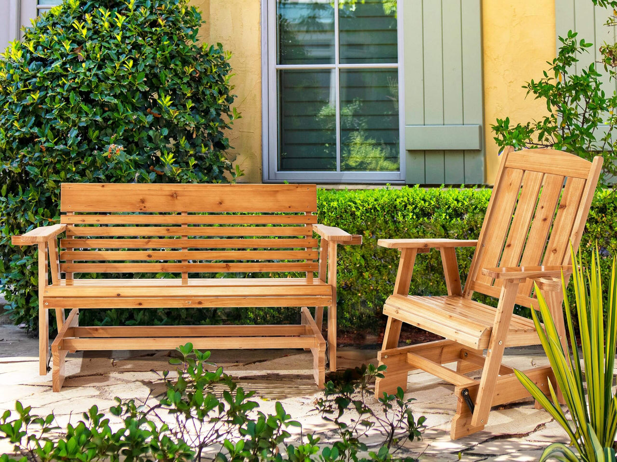 EROMMY Patio Glider Bench Chair Set with Cup Holders, Ergonomic Deep Contoured Seat