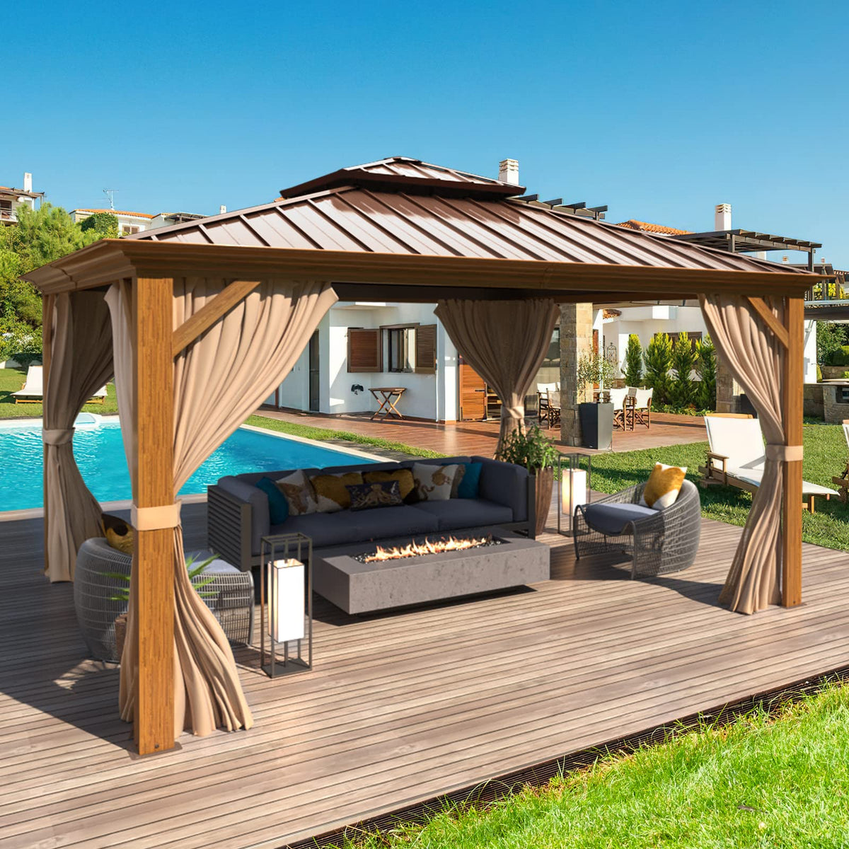 EROMMY 12' x 12' Hardtop Gazebo Faux Wood Grain Metal Ganopy with Aluminum Frame, Galvanized Steel Double Roof
