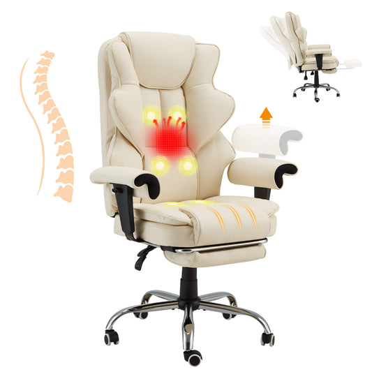 Erommy 6-Point Massage Heat Ergonomic Reclining Office Chair with Footrest Beige