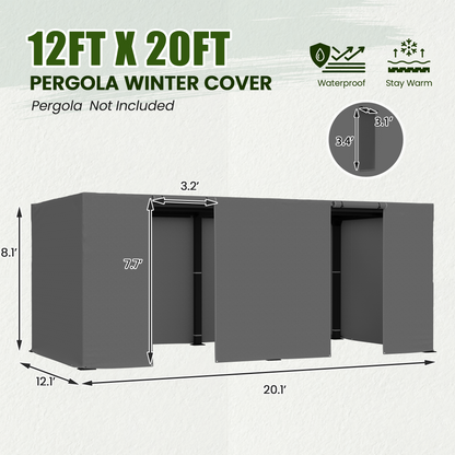 12FT X 20FT Pergola Winter Cover,  All-Season Pergola Accessory, Outdoor Pergola Cover with Sidewalls and Mesh Windows, Waterproof Enclosure for Weather Protection, Fits Most Pergola Size, Gray