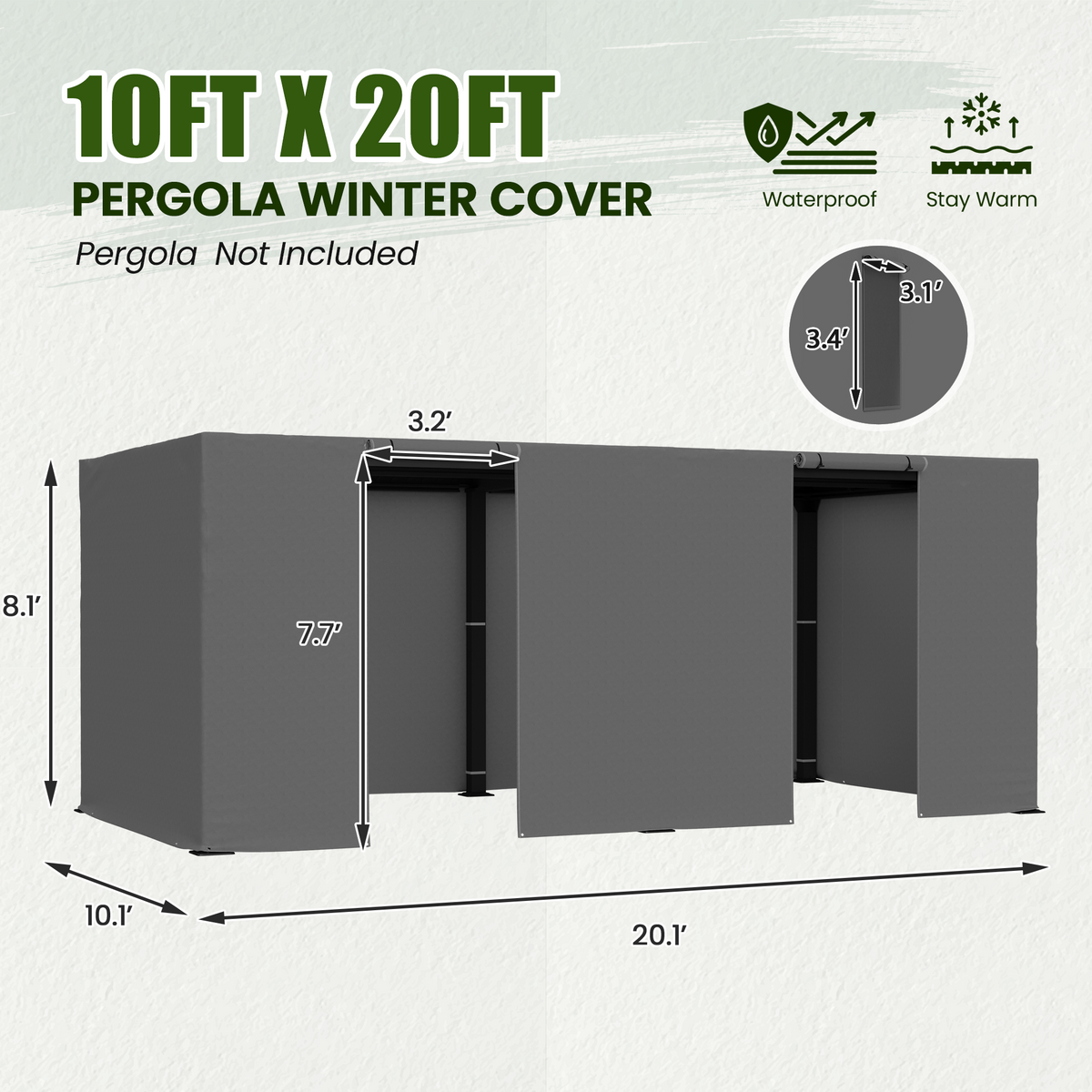 10FT X 20FT Pergola Winter Cover,  All-Season Pergola Accessory, Outdoor Pergola Cover with Sidewalls and Mesh Windows, Waterproof Enclosure for Weather Protection, Fits Most Pergola Size, Gray