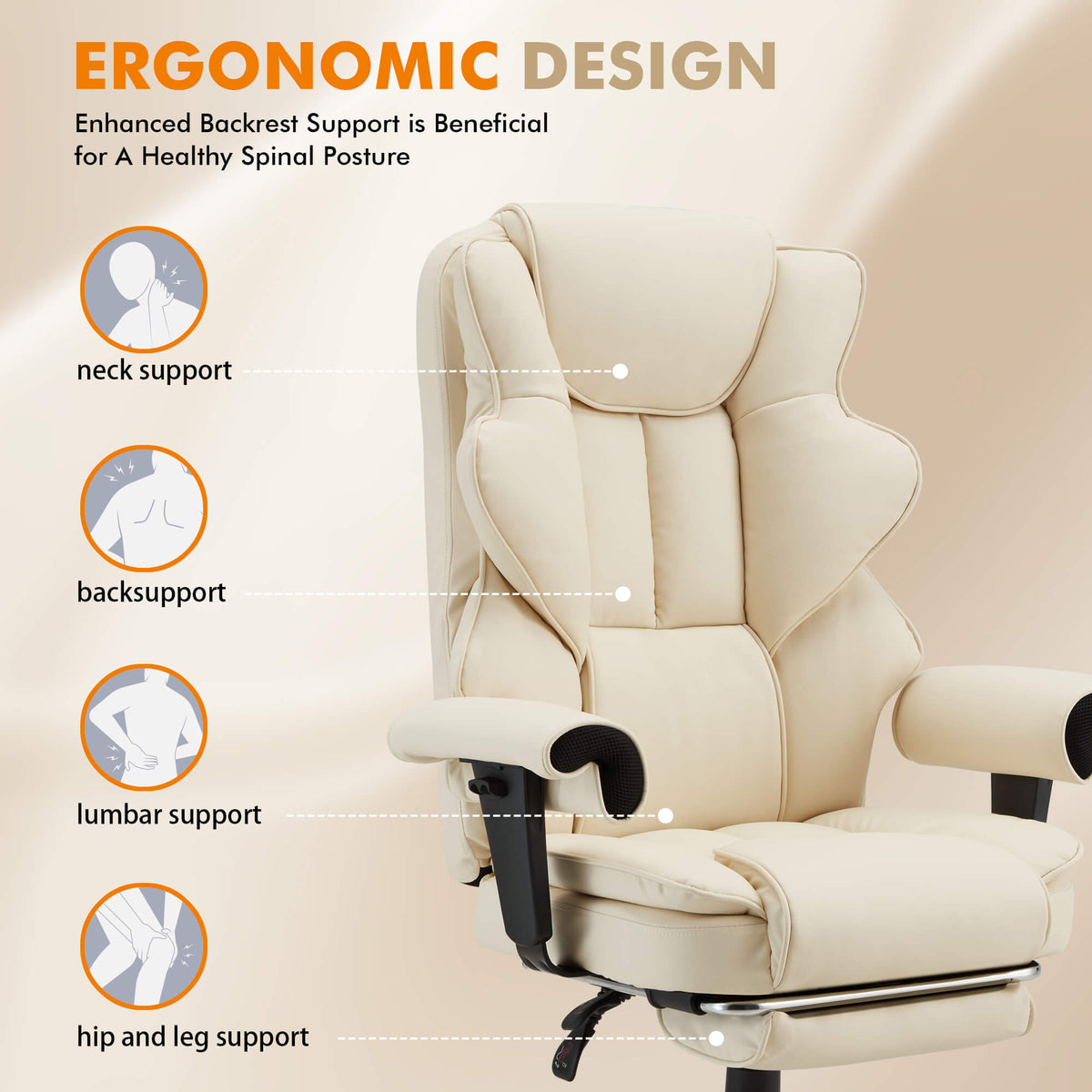 Erommy 6-Point Massage Heat Ergonomic Reclining Office Chair with Footrest Beige