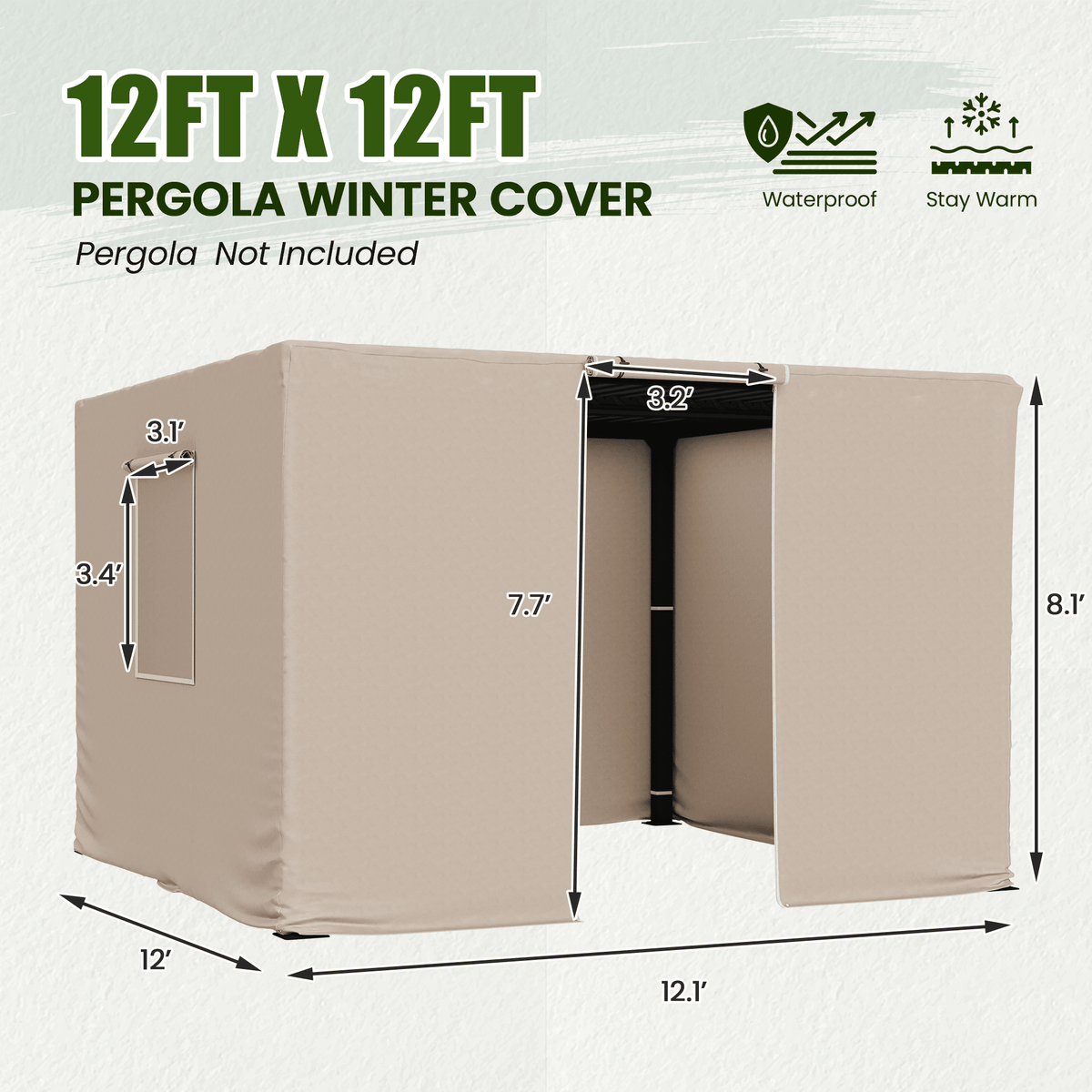 Erommy 12FT X 12FT Pergola Winter Cover,  All-Season Pergola Accessory, Outdoor Pergola Cover with Sidewalls and Mesh Windows, Waterproof Enclosure for Weather Protection, Fits Most Pergola Sizes, Beige