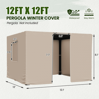 Erommy 12FT X 12FT Pergola Winter Cover,  All-Season Pergola Accessory, Outdoor Pergola Cover with Sidewalls and Mesh Windows, Waterproof Enclosure for Weather Protection, Fits Most Pergola Sizes, Beige