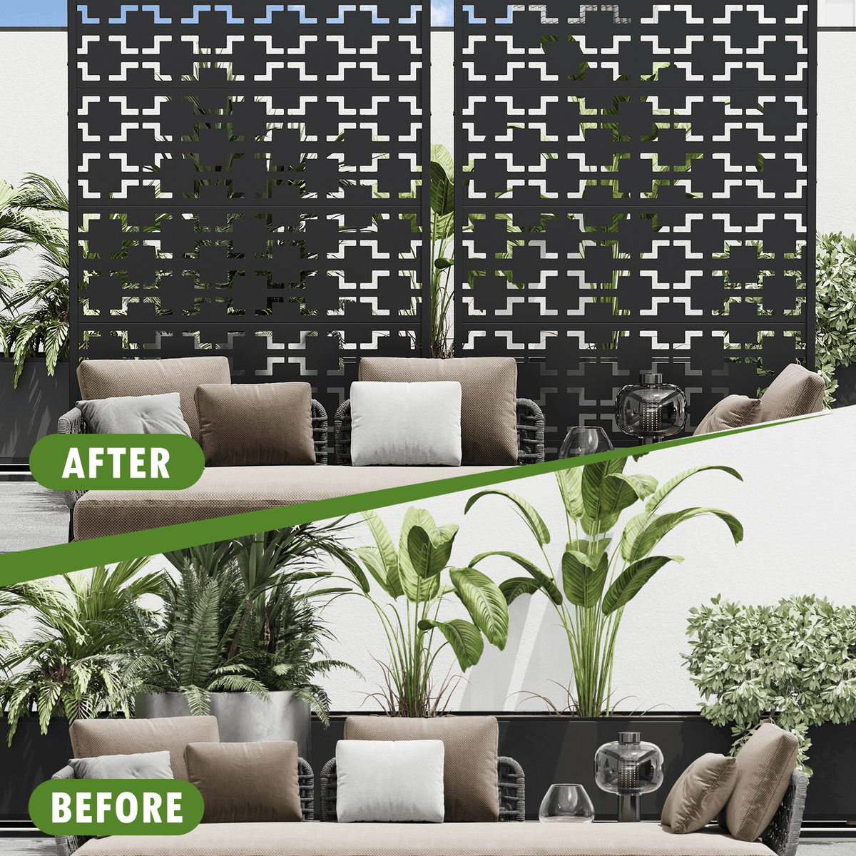 EROMMY 72" H Metal Privacy Screen, Free Standing Privacy Screen with Stable Heavy Base for Deck, Porch, Patio, Outdoor and Balcony, Black Square (Consist of 5 Panels)