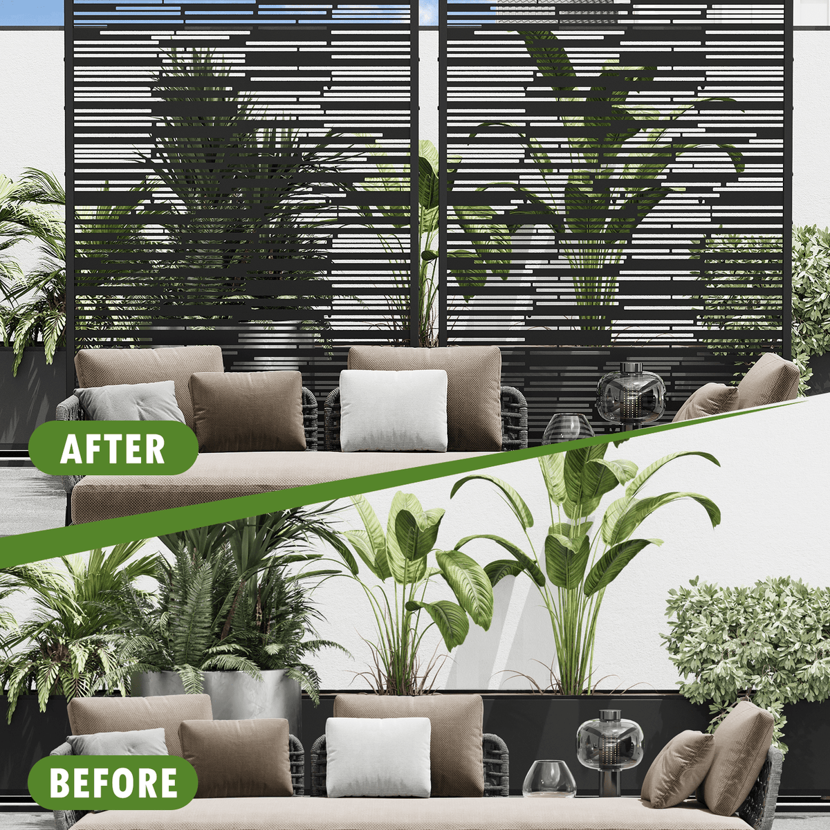 EROMMY 72" H Metal Privacy Screen, Freestanding Outdoor Privacy Screen with Upgraded Thickened Posts & Panels and Heavy Base, Black Linear(Consist of 5 Panels)