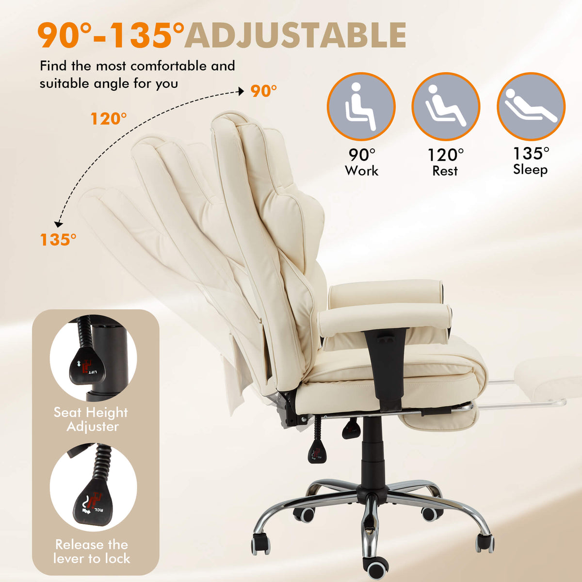 Erommy 6-Point Massage Heat Ergonomic Reclining Office Chair with Footrest Beige