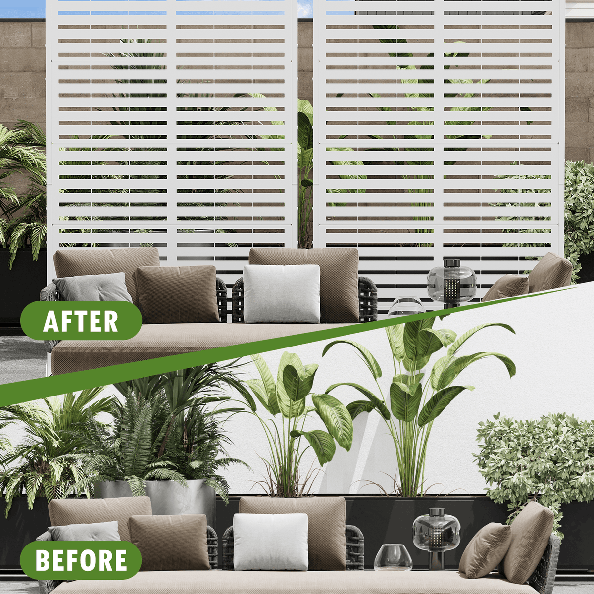 EROMMY 72''H×47'' Metal Privacy Screen, Freestanding Outdoor Privacy Screen with Upgraded Thickened Posts & Panels and Heavy Base, White Louvered(Consist of 5 Panels)