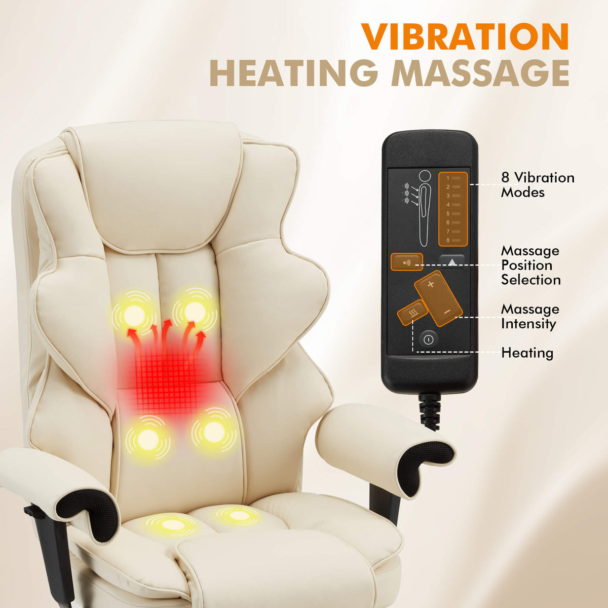 Erommy 6-Point Massage Heat Ergonomic Reclining Office Chair with Footrest Beige