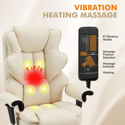 Erommy 6-Point Massage Heat Ergonomic Reclining Office Chair with Footrest Beige