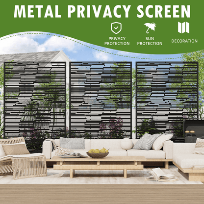EROMMY 72" H Metal Privacy Screen, Freestanding Outdoor Privacy Screen with Upgraded Thickened Posts & Panels and Heavy Base, Black Linear(Consist of 5 Panels)
