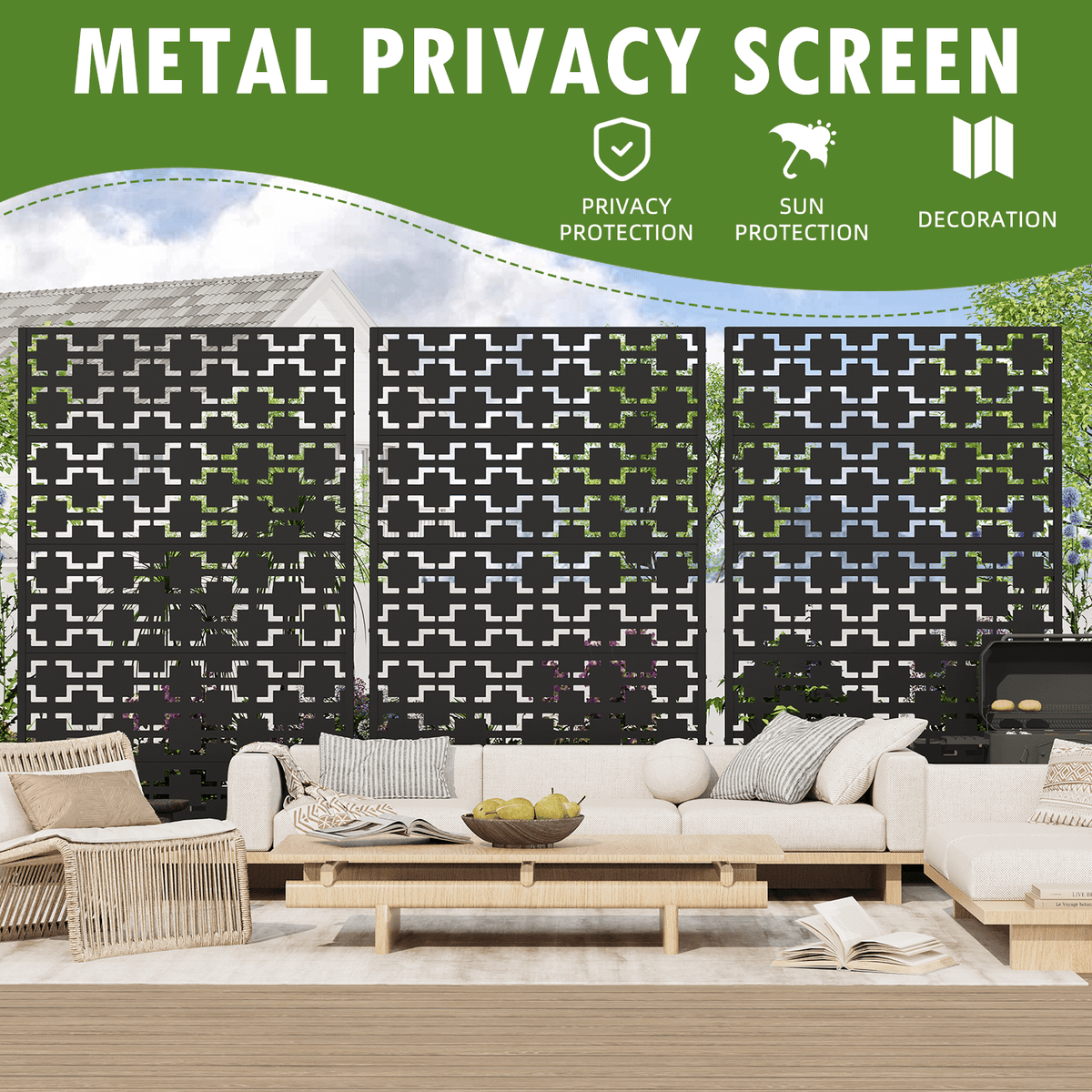 EROMMY 72" H Metal Privacy Screen, Free Standing Privacy Screen with Stable Heavy Base for Deck, Porch, Patio, Outdoor and Balcony, Black Square (Consist of 5 Panels)