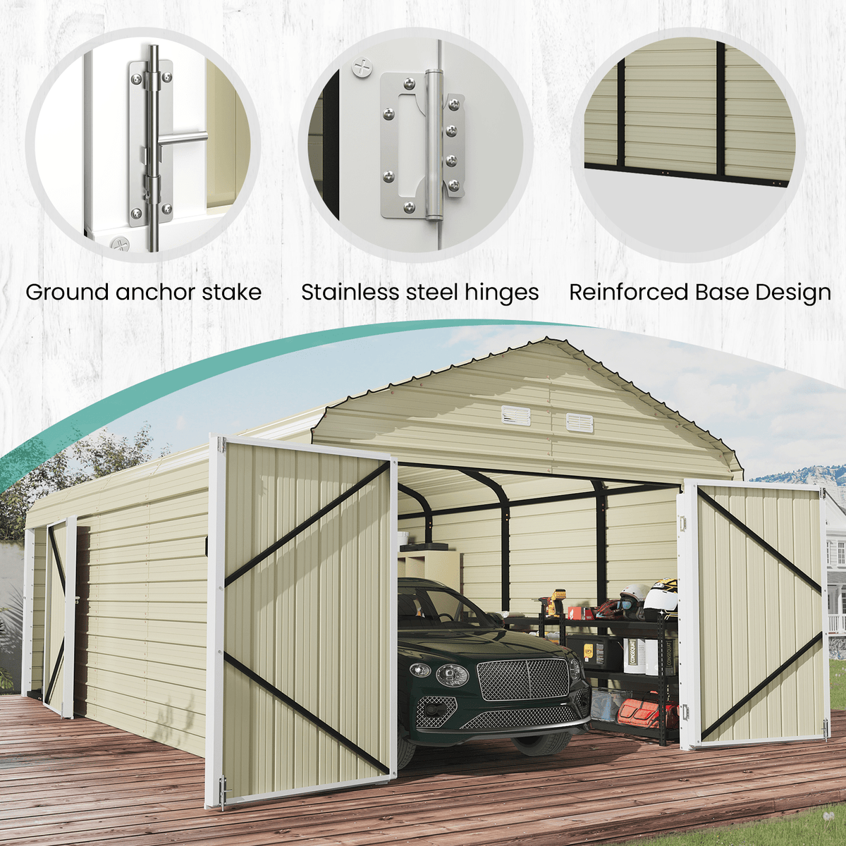 EROMMY 12x24 FT Heavy Duty Carport - Galvanized Steel Frame Car Shelter with Reinforced Base, Enclosed Storage Shed for Cars & Trucks, Beige
